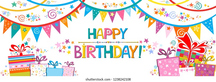 Happy Birthday Banner. Greeting card. Celebration white background with colorful flags, gift box, stars and place for your text. Horizontal banner. Greeting, invitation card or flyer. Vector 