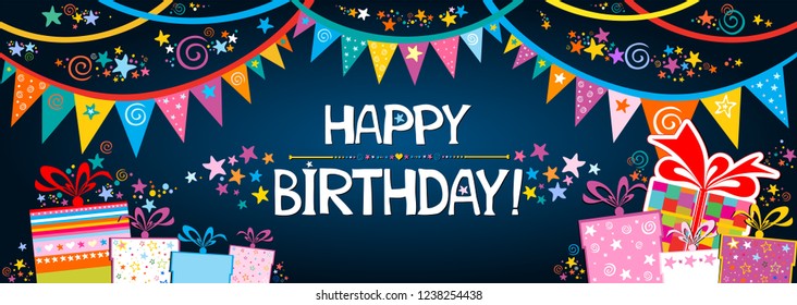 Happy Birthday Banner. Greeting card. Celebration dark background with colorful flags, gift box, star and place for your text. Horizontal banner. Greeting, invitation card or flyer. Vector