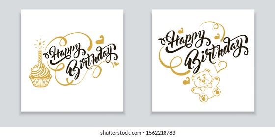 Happy Birthday: banner, greeting card. Two vector templates in retro style a birthday celebration. Black text and gold decor