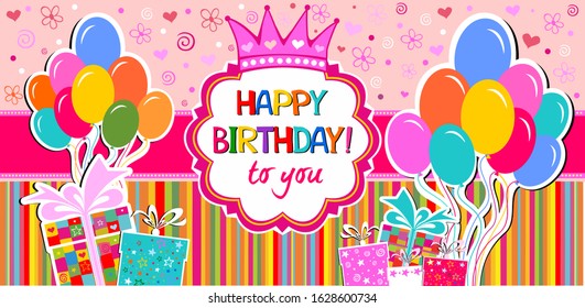 Happy Birthday Banner. Greeting card. Celebration background with colorful Balloons, gift box, crown and place for your text. Horizontal banner. Greeting, invitation card or flyer. Vector illustration