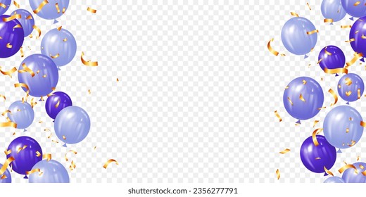 happy birthday banner or greeting card background for celebration purple balloon and gold confetti vector illustration isolated on  transparent background