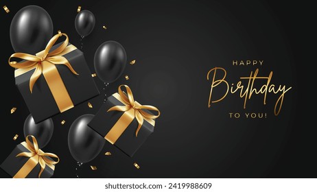 Happy Birthday Banner and Greeting Card Background. Luxury and Modern Birthday Celebration Cover with Gift Box, Confetti, and Golden Text Vector Illustration