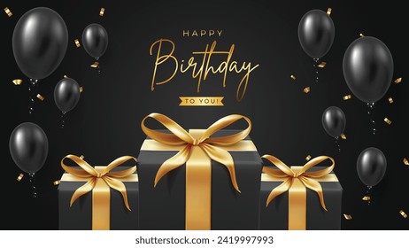 Happy Birthday Banner and Greeting Card. Luxury and Premium Birthday Celebration Cover and Background with Gift Box, Confetti, and Golden Text Vector Illustration