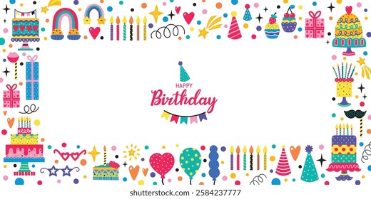 Happy Birthday banner. Greeting card. Party decoration, gift box, cake, party. Hand drawn elements. Vector illustration. 