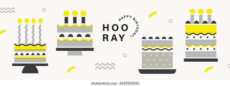  Happy Birthday banner, greeting card, invitation card, poster, cover, vector illustration with birthday cakes in modern trendy geometry style.