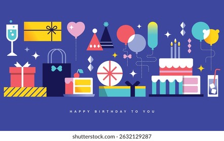 Happy Birthday banner, greeting card, invitation card, poster, cover, vector illustration with birthday cakes, drinks, presents, party hat, balloons and decorations in modern geometric style.