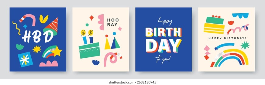 Happy Birthday banner, greeting card, invitation card, poster, cover, vector illustration with birthday cake, candle, birthday hat, confetti and abstract elements.