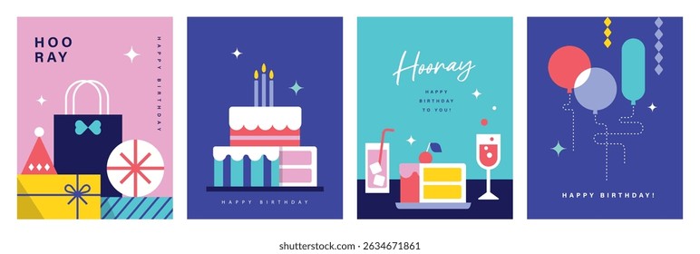 Happy Birthday banner, greeting card, invitation card, poster, cover, vector illustration with birthday cakes, drinks, presents, party hat, balloons and decorations in modern geometric style.