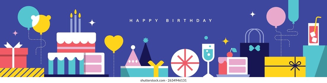 Happy Birthday banner, greeting card, invitation card, poster, cover, vector illustration with birthday cakes, drinks, presents, party hat, balloons and decorations in modern geometric style.