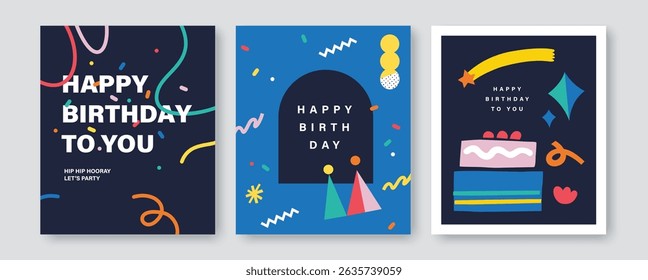 Happy Birthday banner, greeting card, invitation card, poster, cover, vector illustration with birthday cake, birthday hat, confetti and abstract elements.