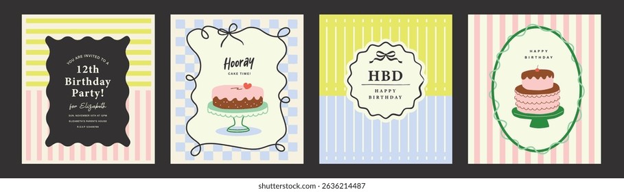 Happy Birthday banner, greeting card, invitation card, poster, cover, vector illustration with birthday cake,  frame, background pattern and typography design.