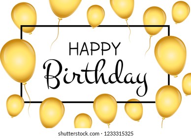 Happy birthday banner. Greeting postcard on white background with black text and gold air balloons.