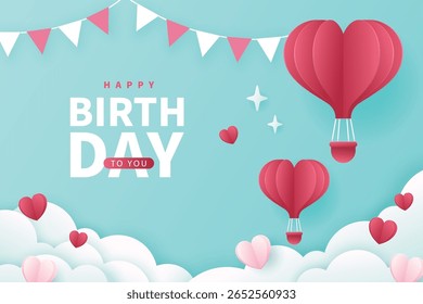 Happy birthday banner with hot air balloons. 