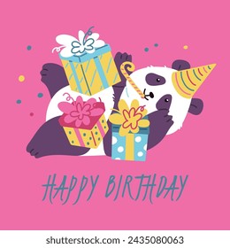 Happy birthday banner with panda getting gifts, flat vector illustration on color background. Cute and joyful Happy Birthday banner or card design with playful panda.