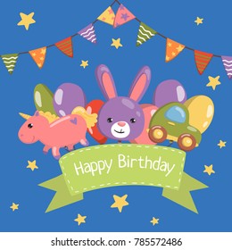 Happy Birthday banner, birthday party card with cute animals, vector Illustration
