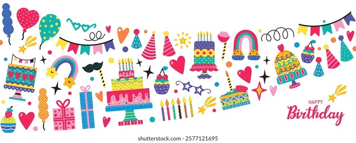 Happy Birthday banner. Party decoration, gift box, cake, party. Hand drawn elements. Vector illustration. Wave.