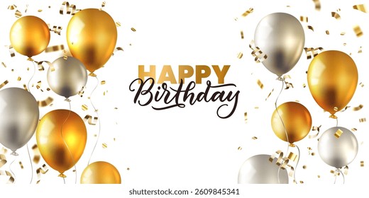Happy birthday banner, poster, greeting card design template with golden and silver realistic 3d air balloons. Vector glossy holiday anniversary party decoration background with copy space