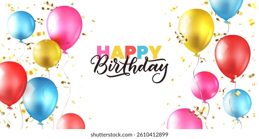 Happy birthday banner, poster, greeting card design template with pink, red, blue, yellow realistic 3d air balloons. Vector glossy holiday anniversary party decoration background with copy space