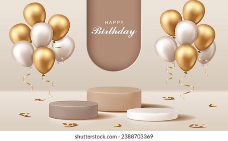 Happy Birthday banner for product demonstration. Beige pedestal or podium with balloons and confetti on beige background.