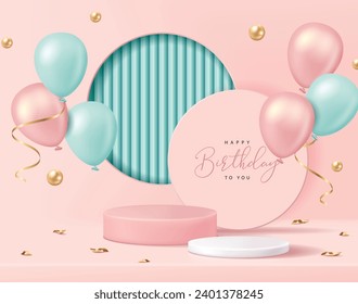 Happy Birthday banner for product demonstration. Pink pedestal or podium with balloons and confetti on pink background.