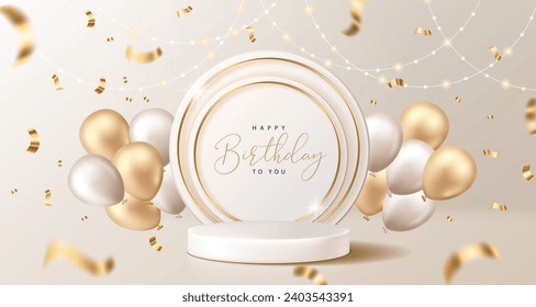 Happy Birthday banner for product demonstration. White pedestal or podium with balloons and confetti on beige background.