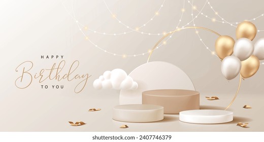 Happy Birthday banner for product demonstration. Beige pedestal or podium with balloons and confetti on beige background.