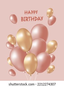 Happy birthday banner with realistic balloons.Golden and pink balloons, greeting card.Template for congratulations.