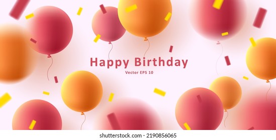 Happy Birthday banner with red and yellow realistic 3d balloons and confetti. Vector illustration