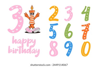 Happy birthday banner in retro groovy style. Vintage walking character and numbers. Funky mascot psychedelic smile. Vector illustration 