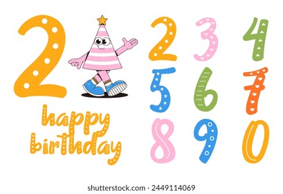 Happy birthday banner in retro groovy style. Vintage walking character and numbers. Funky mascot psychedelic smile. Vector illustration 