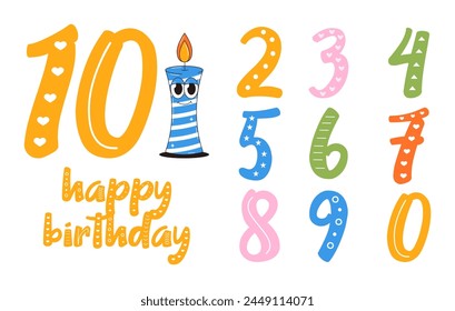 Happy birthday banner in retro groovy style. Vintage walking character and numbers. Funky mascot psychedelic smile. Vector illustration 