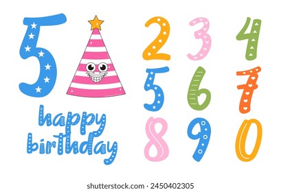 Happy birthday banner in retro groovy style. Vintage walking character and numbers. Funky mascot psychedelic smile. Vector illustration 