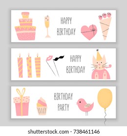 Happy birthday banner set, vector design with cake and presents
