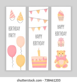 Happy birthday banner set, vector design with a cake and balloons