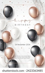 Happy birthday banner template. Birthday greeting card with 3D gold balloon, ribbon on marble background for luxury modern anniversary party event, invitation card, advertising. Vector Illustration