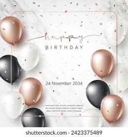 Happy birthday banner template. Birthday greeting card with 3D gold balloon, ribbon on marble background for luxury modern anniversary party event, invitation card, advertising. Vector Illustration