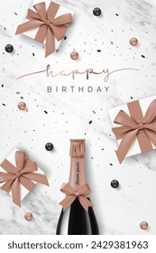 Happy birthday banner template. Birthday greeting card with 3D gold balloon and ribbon on marble background for luxury modern birthday anniversary party event, celebration card. Vector Illustration