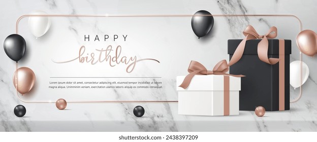 Plantilla de banner de feliz cumpleaños. Tarjeta de felicitación de cumpleaños con caja de regalo 3D, globo de oro, fondo de mármol blanco para el evento de fiesta de aniversario moderno de lujo, invitación, celebración, vacaciones, publicidad