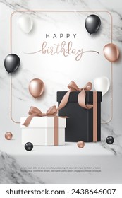 Happy birthday banner template. Birthday greeting card with 3D gift box, gold balloon, white marble background for luxury modern anniversary party event, invitation, celebration, holiday, advertising