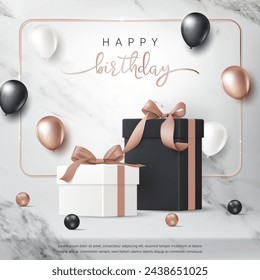 Happy birthday banner template. Birthday greeting card with 3D gift box, gold balloon, white marble background for luxury modern anniversary party event, invitation, celebration, holiday, advertising