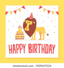 Happy Birthday Banner Template, Invitation with Cute Lion Animal, Greeting Card, Banner Design, Funny Jungle Party Concept Vector Illustration