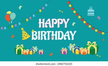 Happy Birthday Banner with Text and Elements Gift Box Lights and Balloons Green Bright Background Colorful 