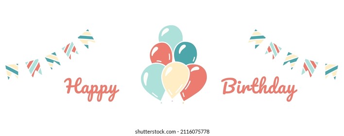 Happy birthday banner with text, flags and balloons. Hand drawn vector illustration. Party invitation and postcard.