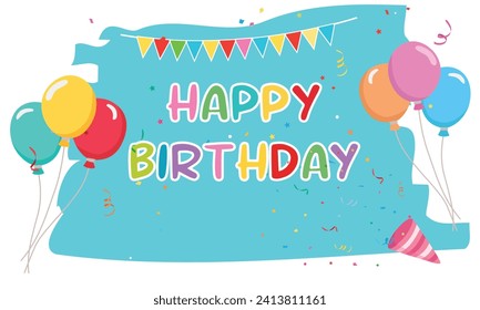 Vector de banner de cumpleaños feliz en estilo de caricatura. Carteles de feliz cumpleaños, globo volador y dibujos animados de confeti. Postal con carteles de doodle dibujados a mano. Vector plano aislado sobre fondo blanco.