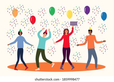 
Happy birthday banner of young woman in a circle of friends on a festive background with balloons and candy. Cartoon flat vector. A girl with a gift in her hands is dancing