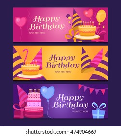 Happy birthday banners collection. Set of greeting templates. Invitation cards to the party. Vector cards with cake, balloons, candy, gifts and caps.