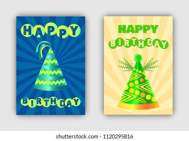 Happy birthday banners set vector illustration of glossy cones with stripes and ball on top, lines collection on background, cute geometric ornament