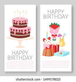 Happy Birthday banners set vector illustration. Greeting card template. Celebration happy birthday cake with candles, gift boxes, flowers and place for your text. Greeting, invitation card or flyer.