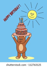 happy birthday, bear and cake, vector postcard