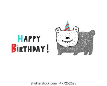 Happy Birthday bear card, vector illustration